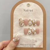 Qfdian  Handmade Fake Nails Short Round Head Flower Designed Press on Nails Pink Wearable False Nails Tips for Women Girls DIY Manicure