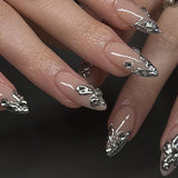 Qfdian 24Pcs Simple French Fake Nails with Almond Head Design Detachable 3D Irregular Star Pattern Press on False Nails Manicure Tools