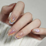 Qfdian  24Pcs  Gradient Color Fake Nail Simple Short Ballet Wearable False Nails with Cat Eye Design Press on Nails Full Cover Nail Tips
