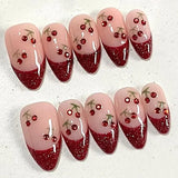 Qfdian  24pcs Red Cat Eye Press on Nails Pearl Heart Stick on Nails Bow French Fake Nails Sweet Cute Flower Nail Almond 3D False Nail