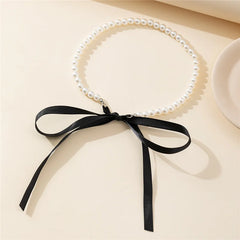 Trend Wedding Party Jewelry Long Black Ribbon Choker Necklace For Women Elegant White Imitation Pearl Beach Vacation Necklaces