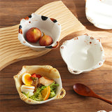 Qfdian  Ceramic salad bowl, creative hand drawn kitten bowl, 330ml/11oz cute fruit salad bowl