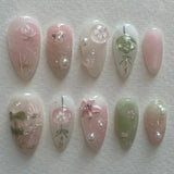 Qfdian  24pcs Press on Fake Nails Set Almond Wearable Simple French Flower False Nail Art Gold Beads Design Diamond Manicure Tips