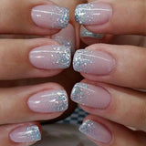 Qfdian 24Pcs Gradient Short Ballet Nails Set with Glue White Simple False Nails Coffin Fake Nail Press on Nails Full Cover Nail Tips