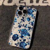 Qfdian  Blue Premium Flower Phone Case For iPhone 16 15 14 13 12 11 Pro Max Mini X XS SE 7 8 Plus 16E Shockproof Transparent Cover Funda