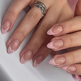 Qfdian 24Pcs Golden French Fake Nail with Almond Head Design Simple Oval False Nails Wearable Press on Nails Full Cover Nail Tips
