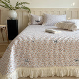 Qfdian 3/5Pcs Rose Floral Print Lace Ruffles Quilted Bedspread, Bed Cover, Mattress Topper Coverlet, Bed Sheet, With Pillowcases