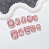 Qfdian  Handmade Fake Nails Short Round Head Flower Designed Press on Nails Pink Wearable False Nails Tips for Women Girls DIY Manicure