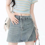 Qfdian  Summer Female Casual Streetwear Asymmetrical Slim Club Mini Skirt Korean Sexy Vintage Lace Up Y2K High Waist A-Line Denim Skirts