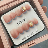 Qfdian 10Pcs Short Oval French Pink Blue Handmade Press on Nails Fake Nails With 3D Diamond Design Wearable Nail Tips Art