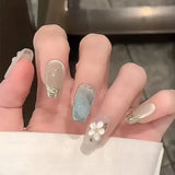 Qfdian  24pcs Floral Coffin Nails Set Press on Nails Cat Eye Fake Nails Butterfly Flower Design False Nails Wearable Manicure Nail Tips