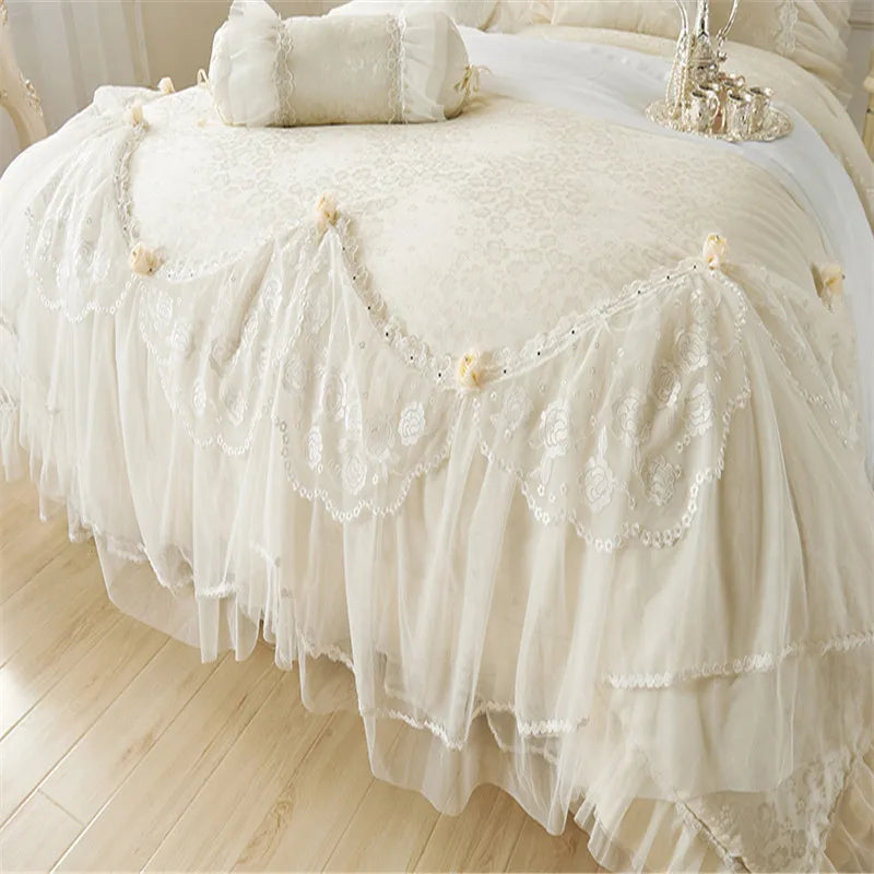 luxury wedding bedding set purple red beige lace cotton jacquard Bedding sets full queen king size bedskirt duvet cover set