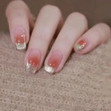 Qfdian 24Pcs Nude Pink Nail Tips Short Round Head False Nails with Design Wearable Finished Fake Nails Full Cover Press on Nails