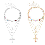Qfdian  Y2K Choker Necklace Multilayer Chain with Love Heart Jesus Cross Pendant Rhinestone Pearl Y2K Jewelry for Women Birthday Gift