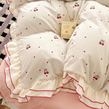 Qfdian  Korean Sweet Cherry Print Ruffles Bedding Sets oft Washed Cotton Duvet Cover Set Cute Princess Style Bedding for Girls Bedroom