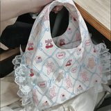Qfdian Japanese Patchwork Lace Sweet Shoulder Underarm Bag Cartoon Kawaii Cute Bear Print Canvas Bags Y2k Fashion Purses and Handbags