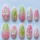 Qfdian  24pcs Press on Fake Nails Set Almond Wearable Simple French Flower False Nail Art Gold Beads Design Diamond Manicure Tips