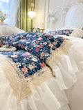 Qfdian 100% Cotton White Princess Bedding Sets Luxury Flowers Printing Lace Embroidery Ruffles Duvet Cover Bed Skirt Pillowcases 4/6Pcs