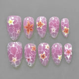 Qfdian  24pcs Finished False Nail Flower Design Short Almond Nails Set Press on Rhinestone Pink Fake Nail Datachable Golden Bow Manicure