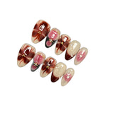 Qfdian  10pcs Handmade Short Almond Press on Nails Autumn Browm Flower Pattern Fake Nails Wearable Detachable Spice Girls False Nails