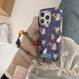 Qfdian Ins floral cat cute leather cover for iphone 15pro 16Pro 14promax 13promax 14 13 15 16 pro max colorful chain rope phone case