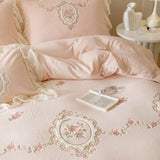 Qfdian 4Pcs Korean Princess Style Bedding Set Rose Flowers Embroidery French Lace Ruffles Milk Velvet Duvet Cover Bed Sheet Pillowcases