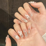 Qfdian  10Pcs Snake Rhinestone Press on Nails Pink Gradient Press on Fake Nails Cat Eye Almond False Nails 3D Carve Flower Nail Art Tip