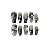 Qfdian 10pcs Handmade Dark Style Wearable Press on Nails Black Design Reusable Acrylic y2k Charm Nails Art Tips For Girls