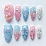 Qfdian  24pcs Pink Spring Summer Nail Art French Edge Fake Nails Sweet Pearl Star Shell False Nails 3D Flower Press on Nails Almond Nail