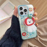 Qfdian Cute 3d red fruit puppy stand holder cover for iphone 15 pro max 13pro 14pro 15pro 12 14 13 summer shiny blue motting phone case