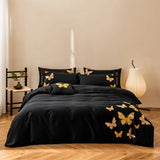 Qfdian  Rose Flowers Embroidery Luxury Bedding Set 600TC Egyptian Cotton Queen King Duvet Cover Flat Bed Sheet Pillowcases 4Pcs