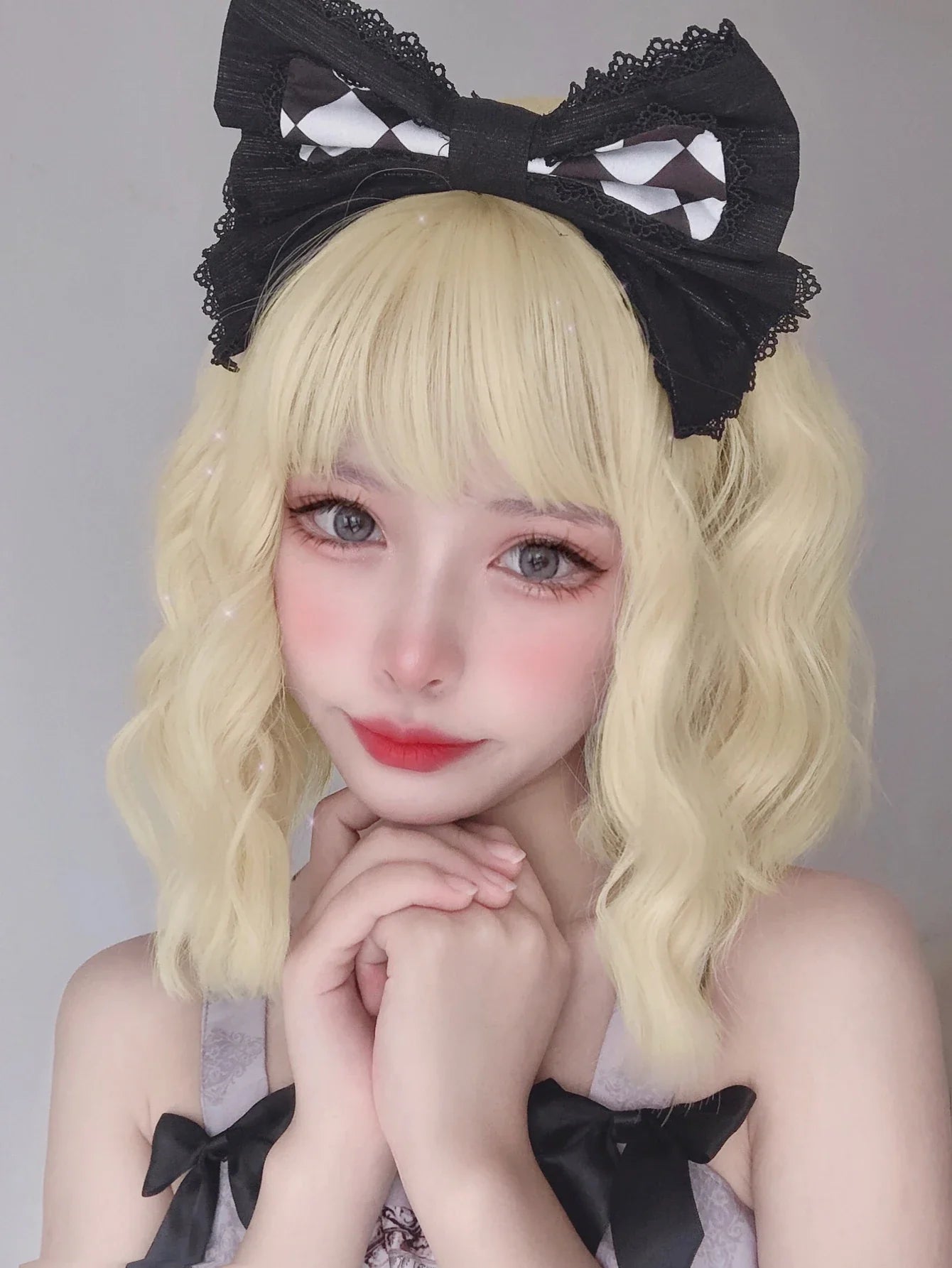 Qfdian 12Inch Blonde Lolita Synthetic Wigs With Bang Short Natural Wavy Hair Wig For Women Daily Use Cosplay Drag Party Heat Resistant