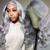 Qfdian Silver Grey Lace Front Wig Synthetic Lace Wig Glueless Body Wave Long Wavy Silver Wig Body Wave Long Grey Hair Wigs for Women