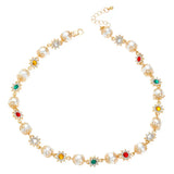 Qfdian  Luxury Flowers Beads Choker Necklace Rhinestone Elegant Imitation Pearl Clavicle Chain Jewelry Trendy Shinny Colorful Choker