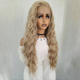 Qfdian Ash Blonde Wig Deep Wave Synthetic Lace Front Wig Long Curly Natural Wavy Colored Hair 13X4 Lace Frontal Wigs for Women Party