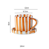 Qfdian  280ml/9.5oz afternoon tea coffee cup, Minimalist striped hand drawn cup and plate set, ceramic milk coffee cup, household drinki