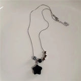 Qfdian  Punk Y2K Grunge Black Star Pendant Beaded Silver Color Chain Choker Necklace For Women Men Goth Charm EMO 2000s Jewely Accessory