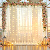 Qfdian  4 Panels-5ft x 10ft Ivory Tulle Backdrop Curtains with Lights String for Parties,Wrinkle Free Sheer Curtain with Lights Wedding