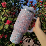 Qfdian  Diamond Thermos Cup With Handle 304 Stainless Steel Vacuum Flasks Portable Car Coffee Cup Insulated Thermal Water Bottles
