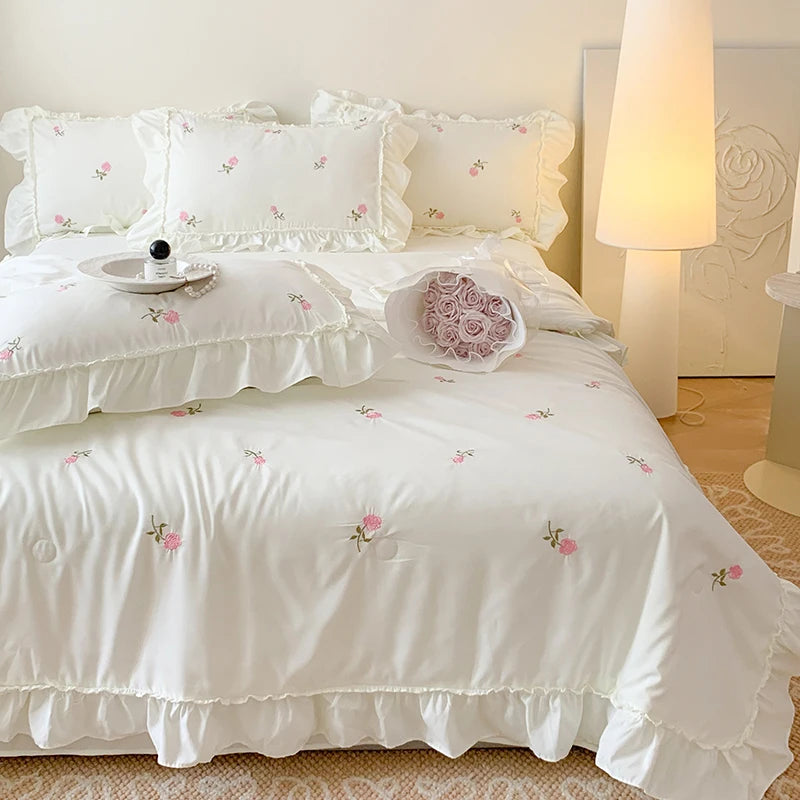 White Korean Princess Style Pink Rose Flowers Embroidery Ruffles Thin Summer Quilt Blanket Air Conditioning Quilt Single Double