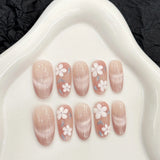 Qfdian  10pcs Sweet Short Oval Fake Nail Patches Hand-painted 3D Pink Strawberry Flower Press On Nails Spring Summer Fresh Handmade Nail