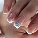 Qfdian 24Pcs Nude White French Fake Nail Short Square Nail Tips Fashion Wearable False Nails with Glue Simple Full Cover Press on Nails