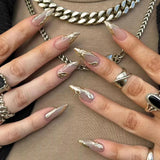 Qfdian 24Pcs Simple French Nails Art Tips Fake Nails 3D Design Wearable Full Cover False Nail Mid-length Almond Reusable Press on Nails