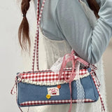 Qfdian  Kawaii Sweet Contrast Color Plaid Women Handbags Vintage Patchwork Denim Underarm Bag Y2k Aesthetic Luxury Design Shoulder Bags