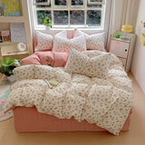 Qfdian Floral print French Style Bedding Set Bubble cotton Duvet Cover Set Washed Cotton Flat Sheet set Queen For Girl Decor Home