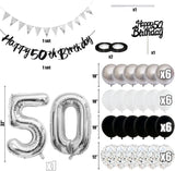 Qfdian  Black Silver White 50 Birthday Party Decorations for Women Men Happy 30 40th 60th Birthday Banner Balloons Cake Topper Supplies
