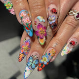 Qfdian  24pcs Long Stiletto Press on Nails Hot Girl Almond False Nails Nude Flower Rhinestones Full Cover Fake Nail Finished Manicure