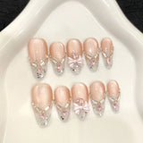 Qfdian  10Pcs Crystal Cat Eye Press on Nails Star Glitter Nail Creme Ballet Delicate Bowknot False Nails Sweet French Almond Fake Nails