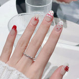 Qfdian Handmade Press on Nails Red Dot Bow Design Sweet Girl Fake Nails Detachable Wearable Short Round French False Nails for Girls