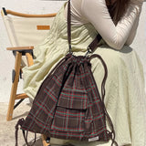 Qfdian  Drawstring Vintage Pleated Women Backpacks Y2k Aesthetic Plaid Grunge Shoulder Bags High-capacity Harajuku Handbags Crossbody